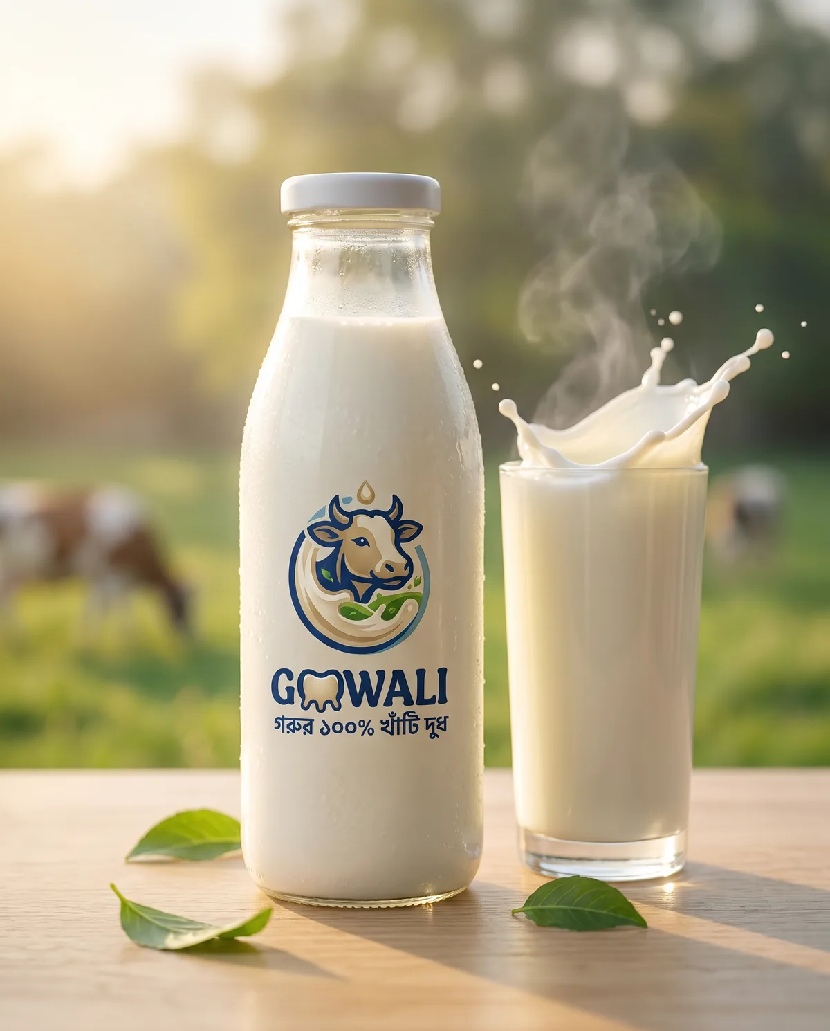 A GOOWALI glass milk bottle and a glass of fresh milk in morning light