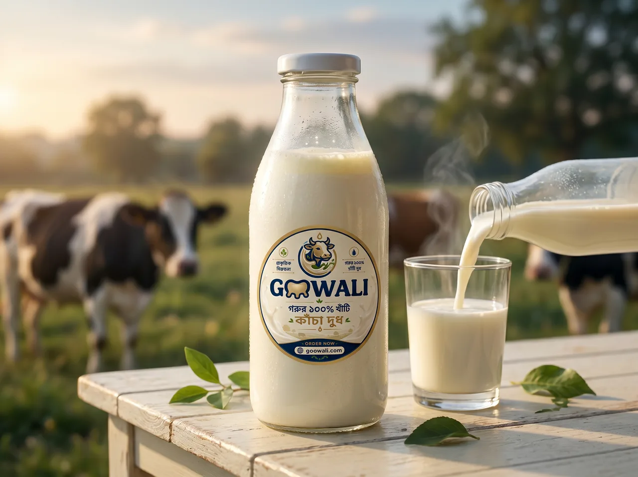 GOOWALI raw milk in a clear glass bottle